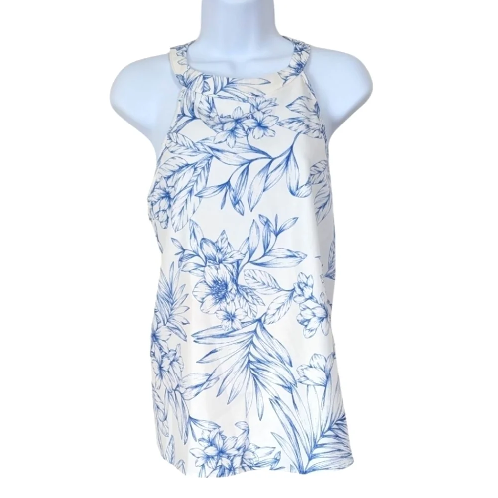 Cupshe High Neck White Tank Blouse Blue Floral Pattern Size Small - Picture 1 of 3
